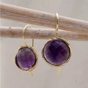 14K Yellow Gold Round Purple Amethyst 12mm Dangle Earrings