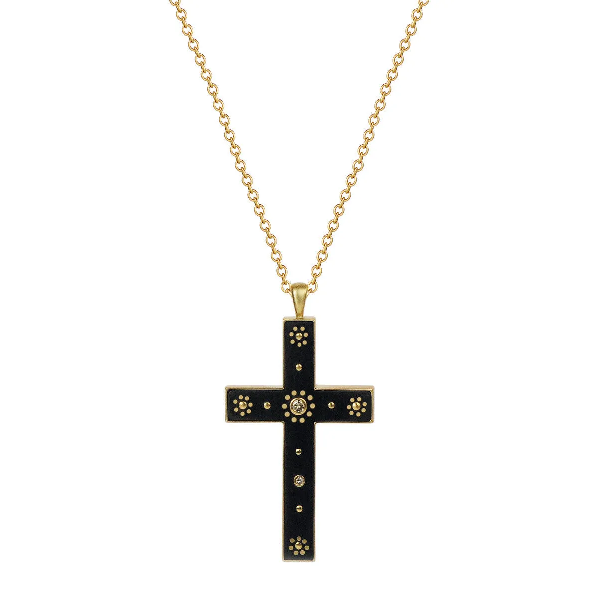 18K Gold Ebony Cross Pendant with Inlaid Gold Flowers and Diamonds