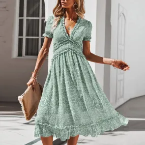 2024 Summer Short Sleeve V-Neck Flowy Chic Party Beach Midi Dress