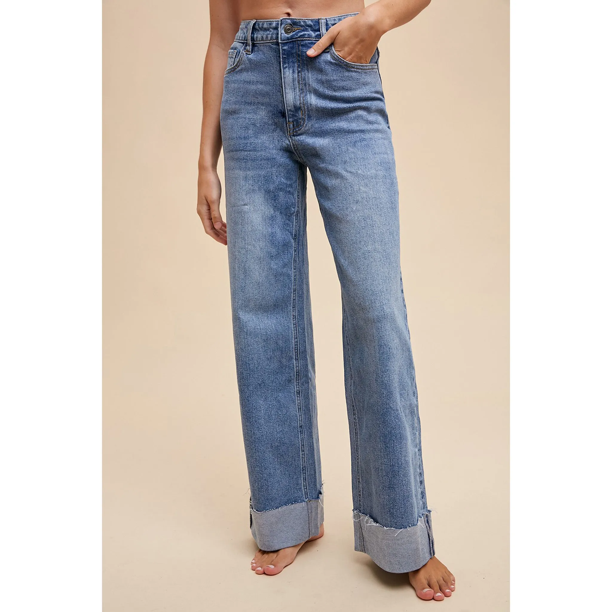 90's Stretch Cuffed High Rise Straight Jeans