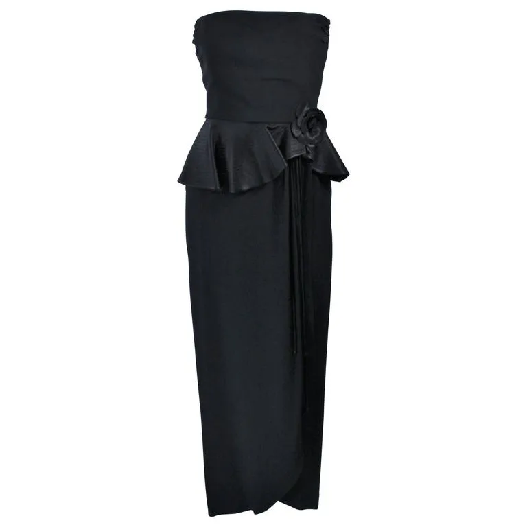 ALBERT NIPON Black Gown with Peplum and Draped Rose Size 6