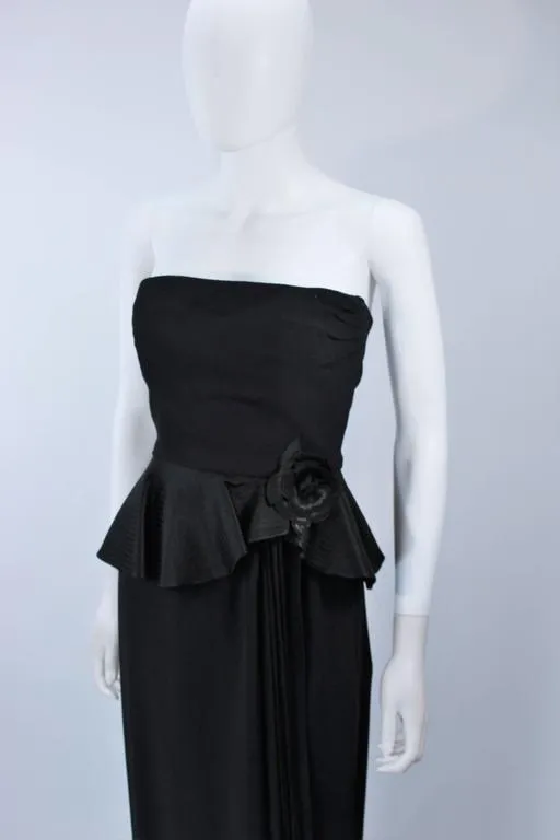 ALBERT NIPON Black Gown with Peplum and Draped Rose Size 6