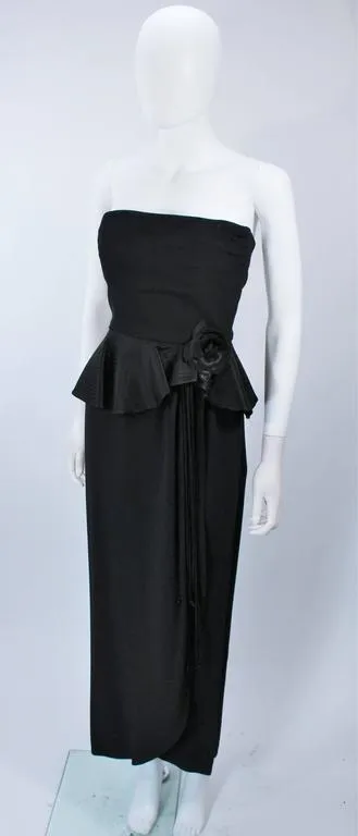 ALBERT NIPON Black Gown with Peplum and Draped Rose Size 6