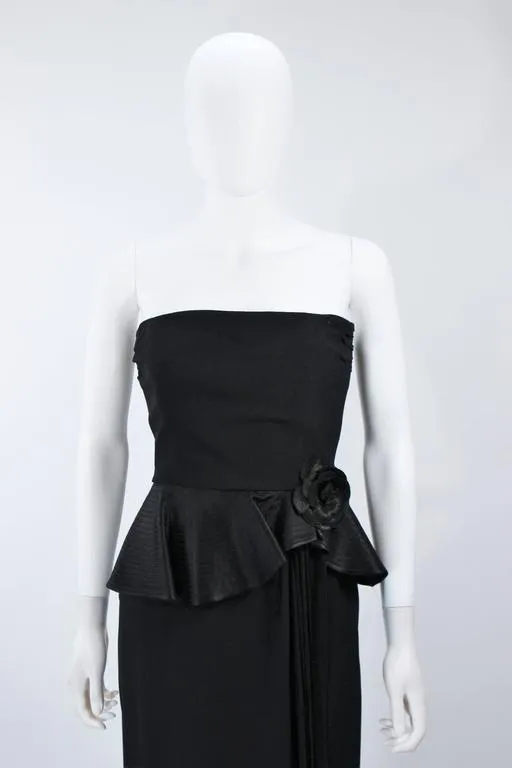 ALBERT NIPON Black Gown with Peplum and Draped Rose Size 6