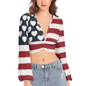 Americana USA Women's Deep V-Neck Lantern Sleeve Crop Top