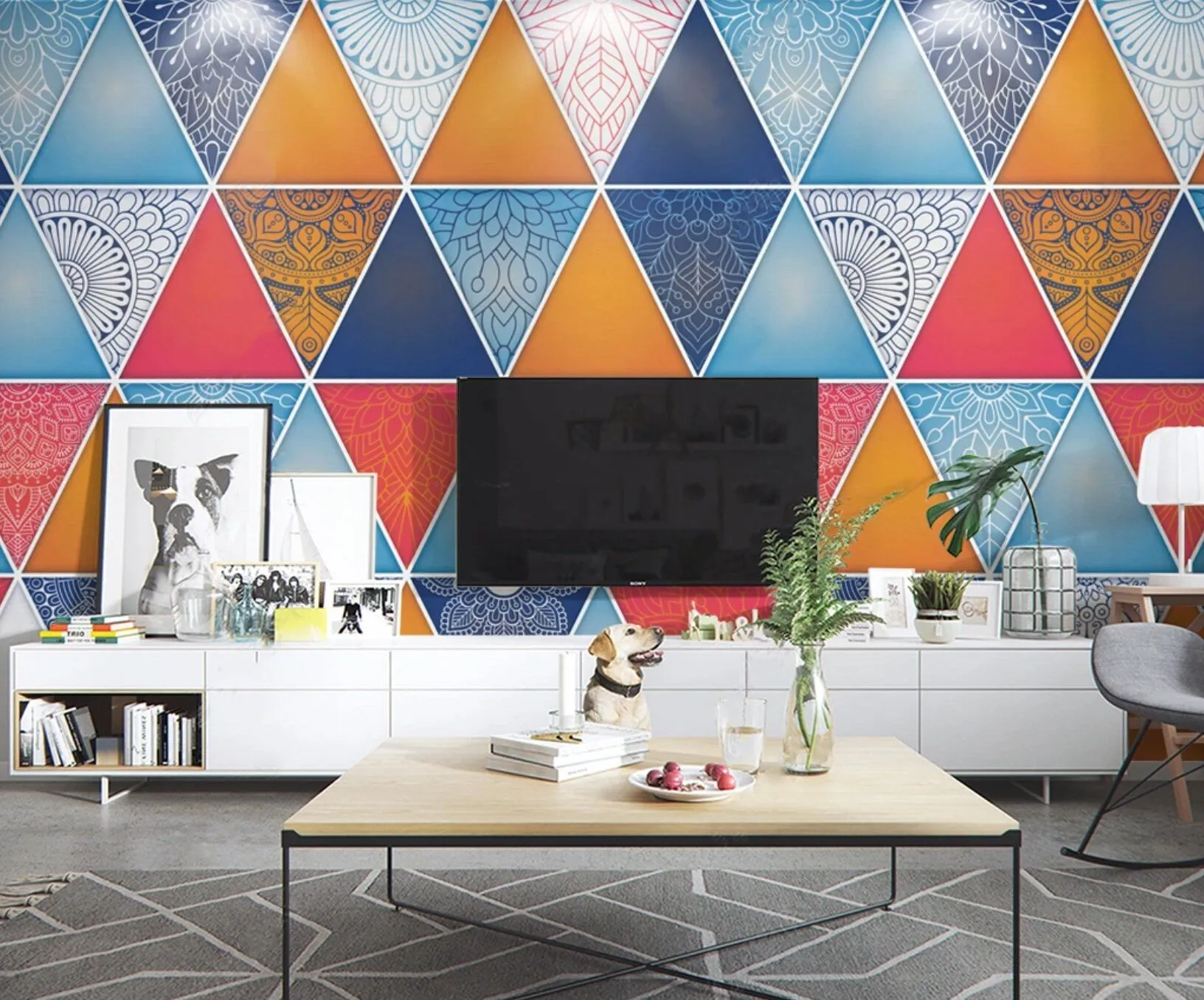 Art deco abstract colorful wallpaper peel and stick scandinavian wall mural,  geometric photo wallpaper adhesive