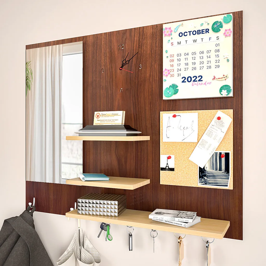 Beautiful (7 In One)' Wooden Wall Organiser with Mirror, Clock, Clipboard, Calendar and Hangers