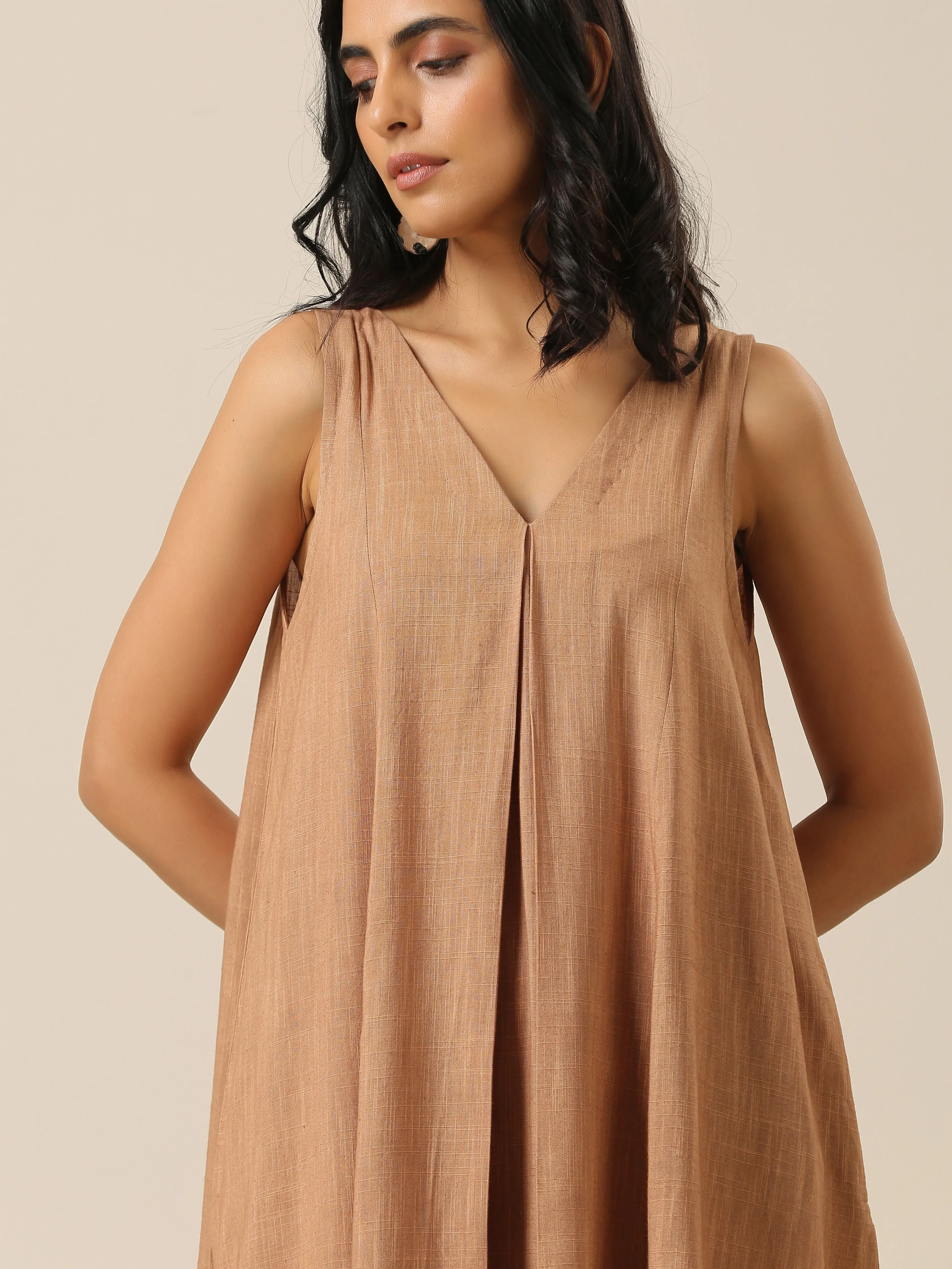 Beige Slub Texture Sleeveless Flared Kurta Pant Set