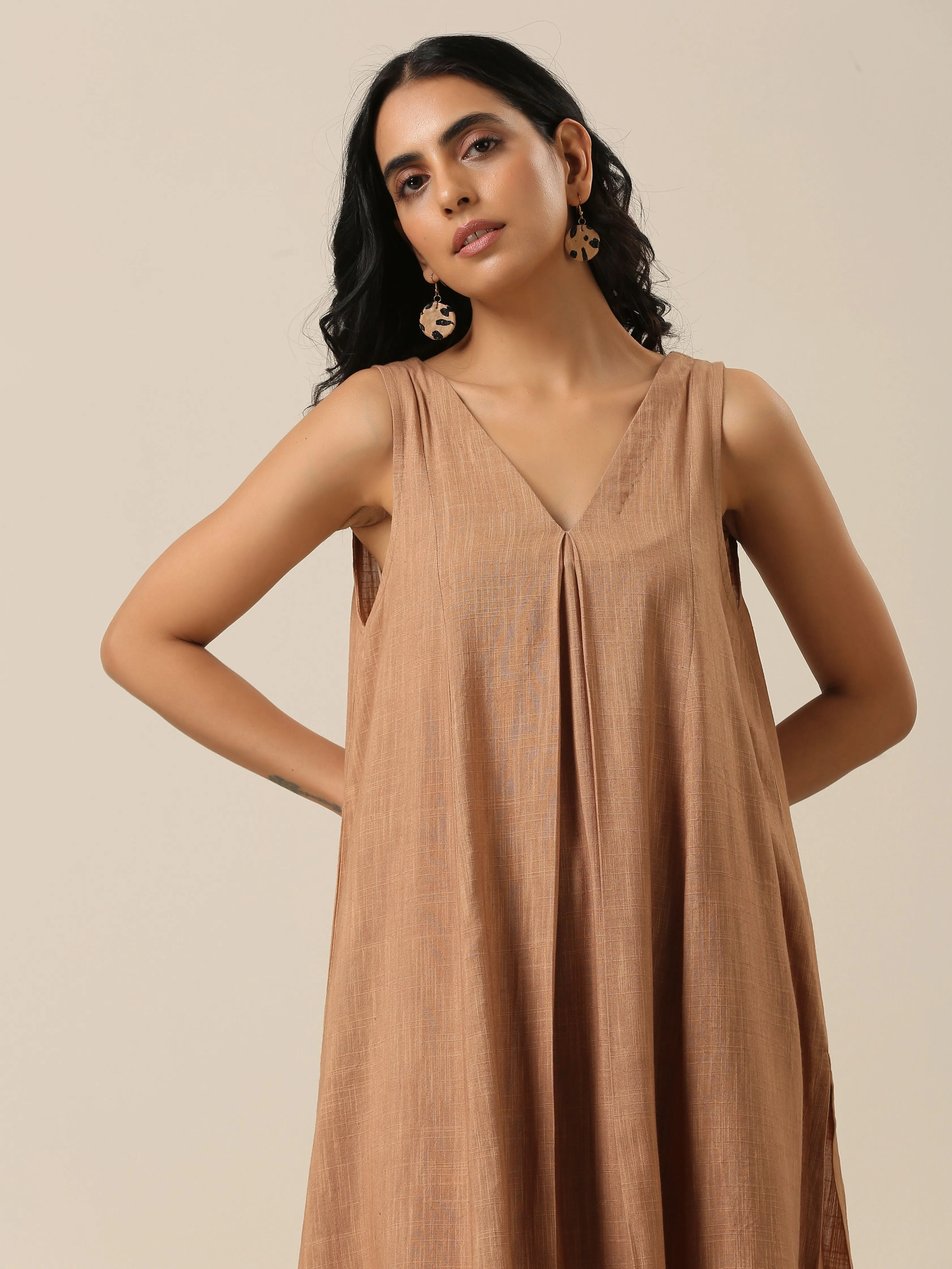 Beige Slub Texture Sleeveless Flared Kurta Pant Set