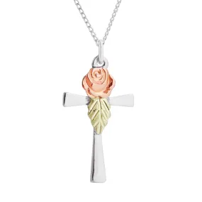 Black Hills Gold & Silver Cross With 12K Rose & Leaf