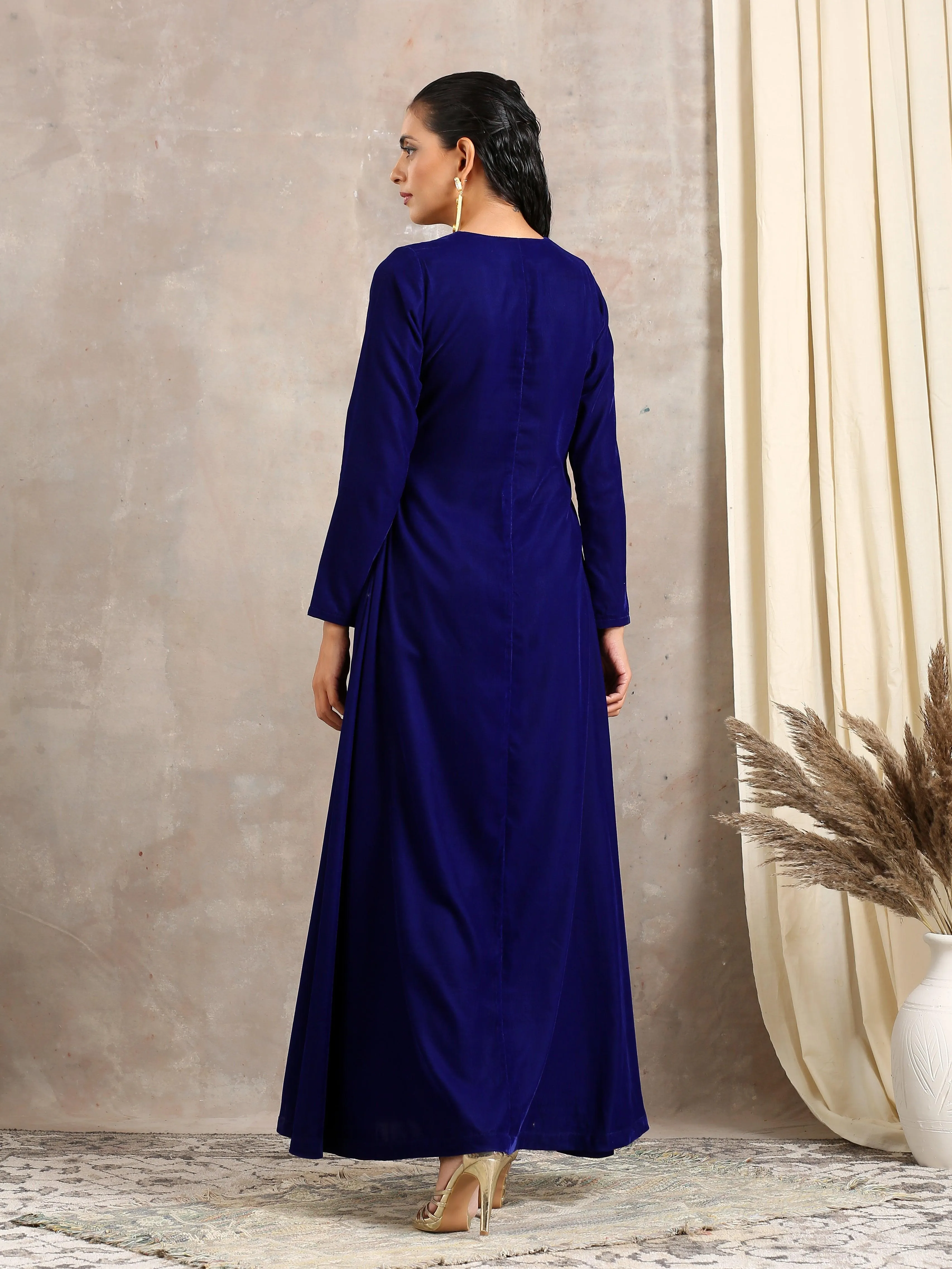 Blue Velvet Front Slit Kurta