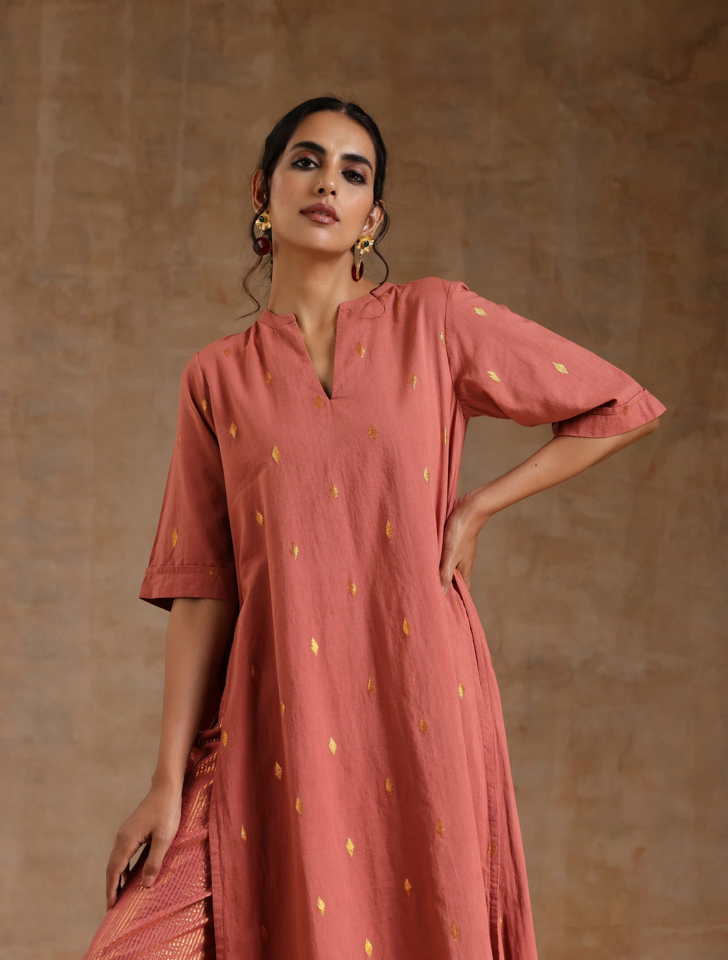 Blush Gold Cotton Relaxed High-Low Kurta Set