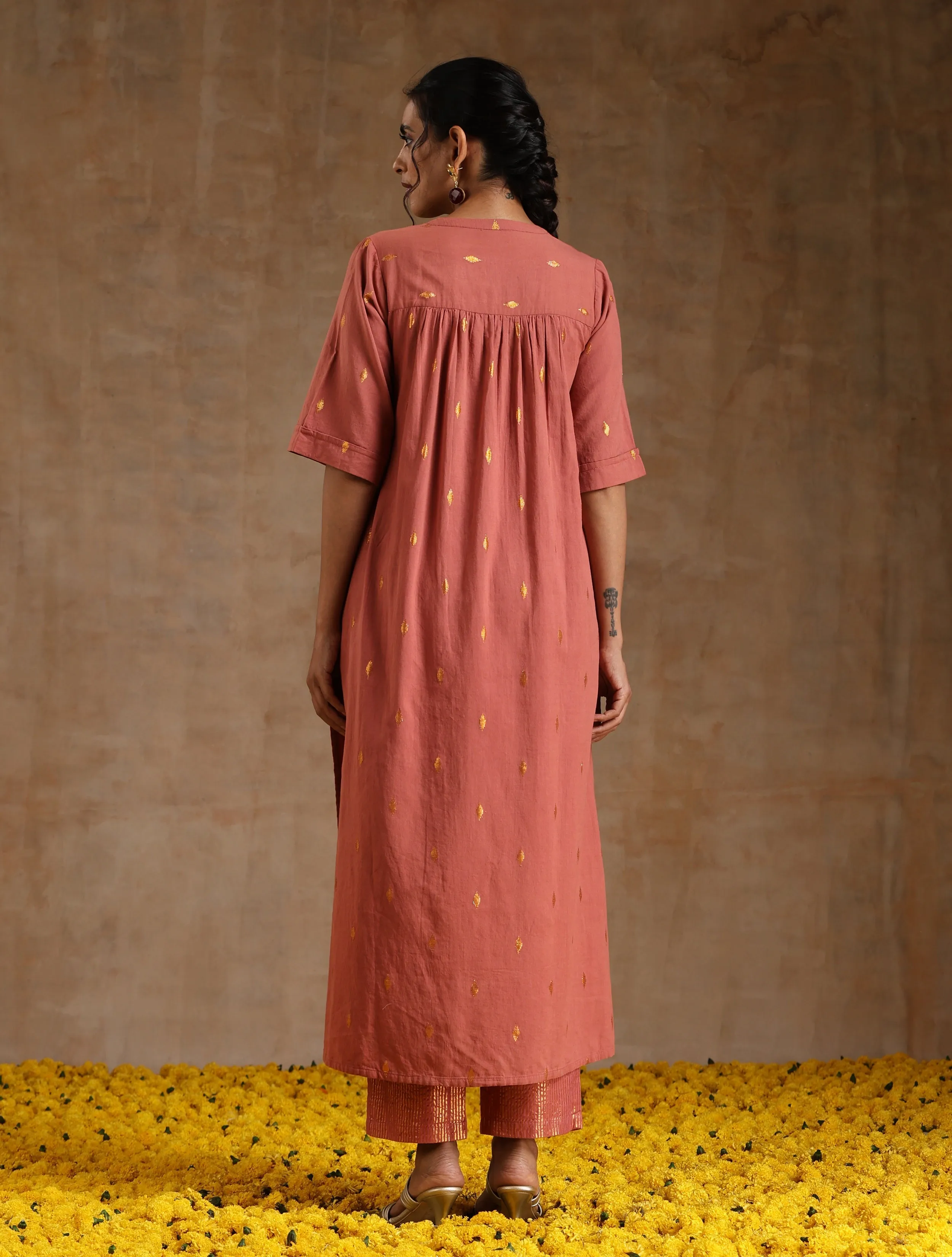 Blush Gold Cotton Relaxed High-Low Kurta Set