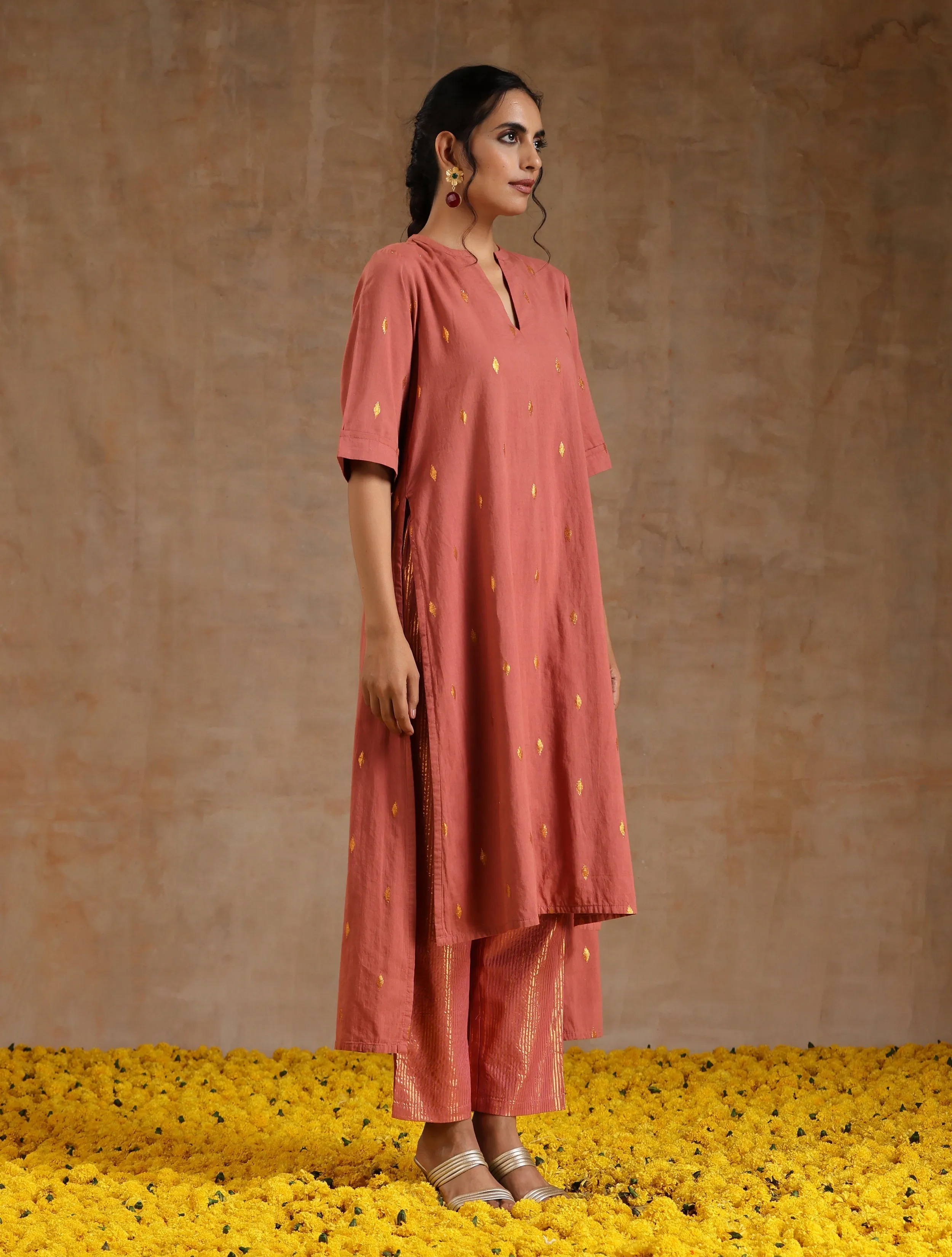 Blush Gold Cotton Relaxed High-Low Kurta Set