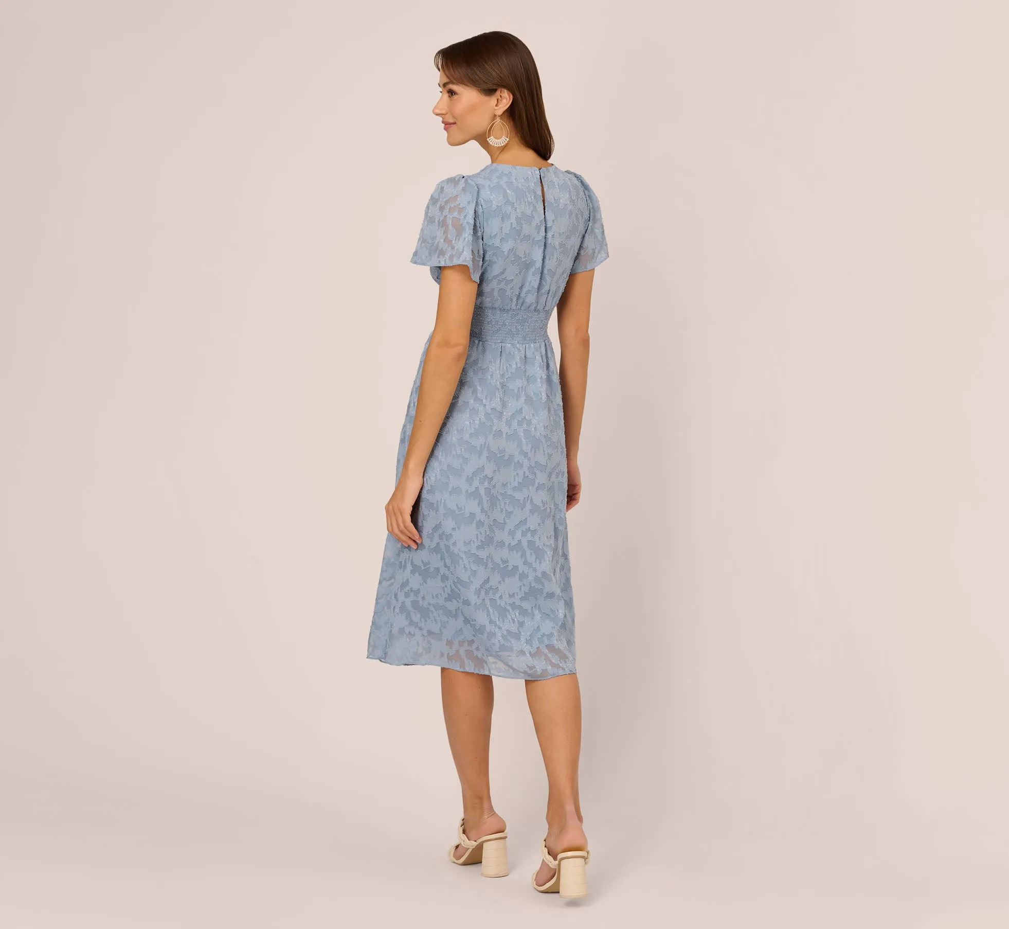 Burnout Smocked Midi Dress With Short Sleeves In Dusty Blue