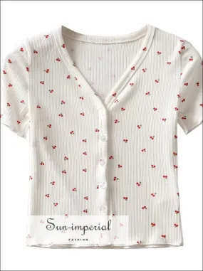 Cherry  Print Short Sleeve Center Buttoned Womens V Neck Ribbed top