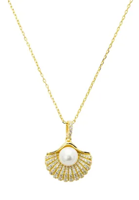 Deco Fan And Pearl Pendant Necklace Gold