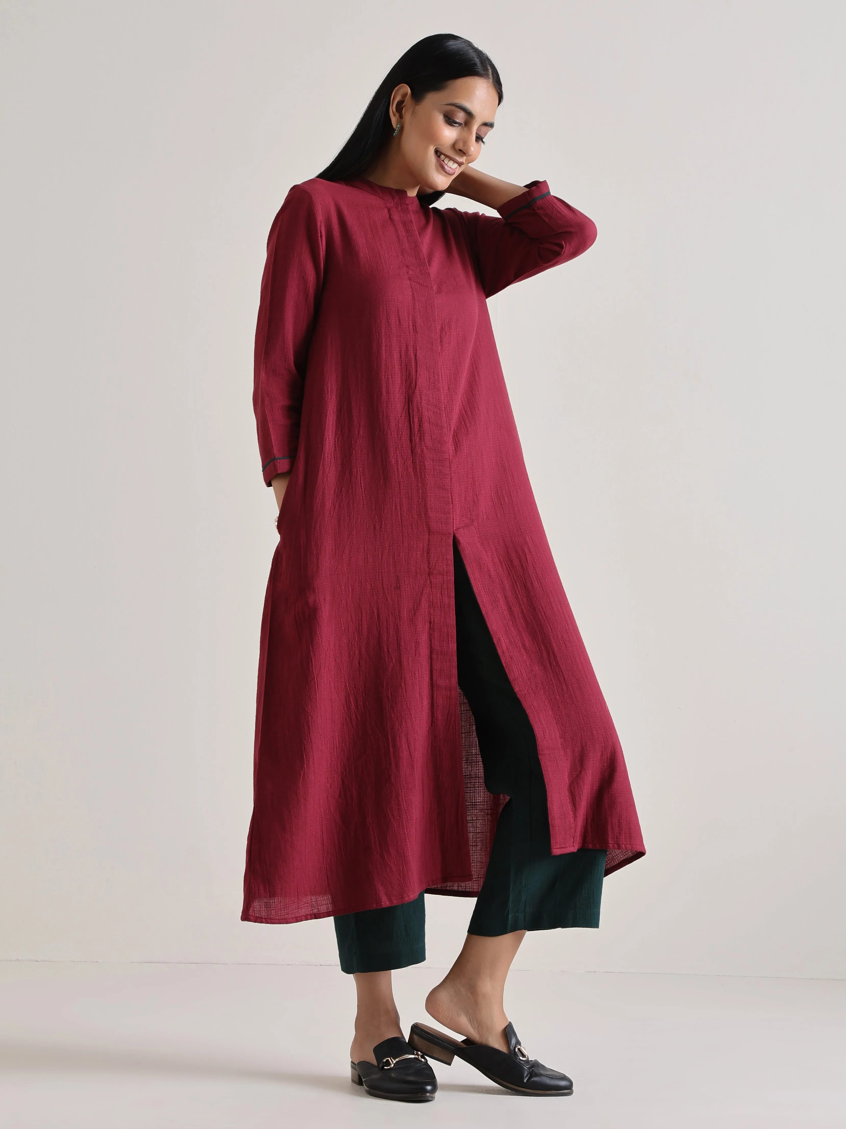 Maroon Placket Kurta Pant Set