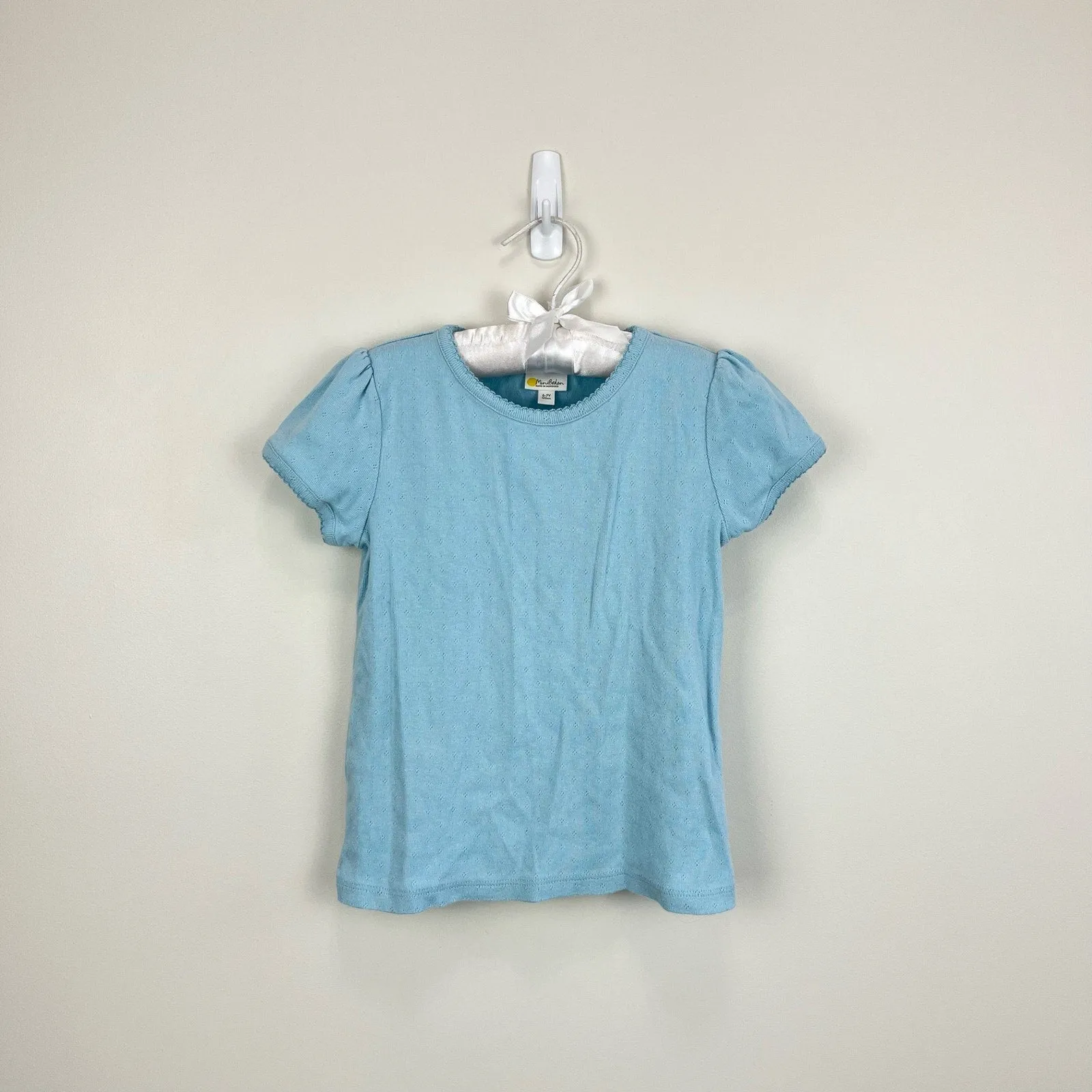 Mini Boden Short Sleeve Pointelle Top Light Celeste Blue 6-7 Years