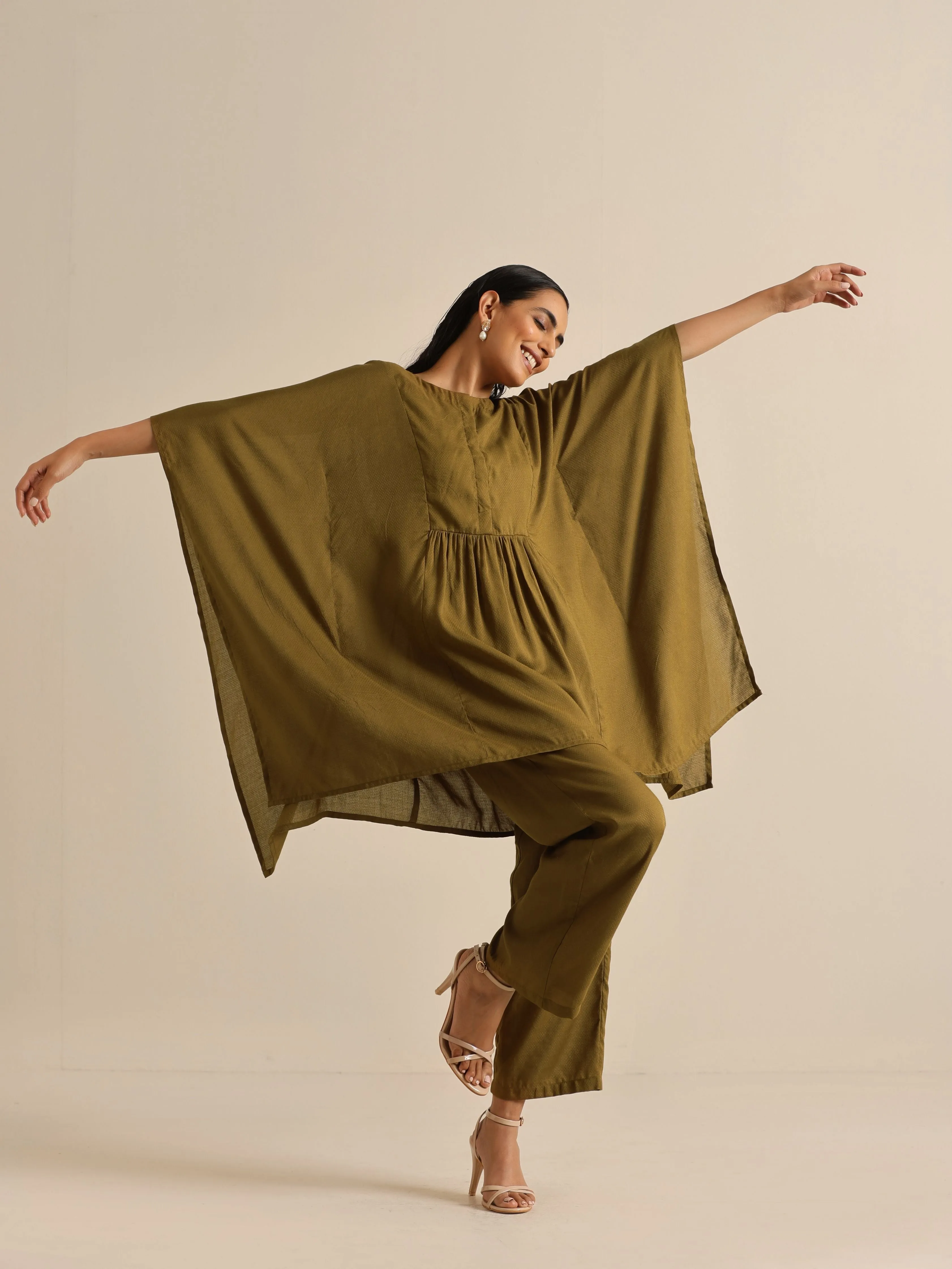 Olive Green Texture Doddy Kaftan Gathered Co-Ord Set