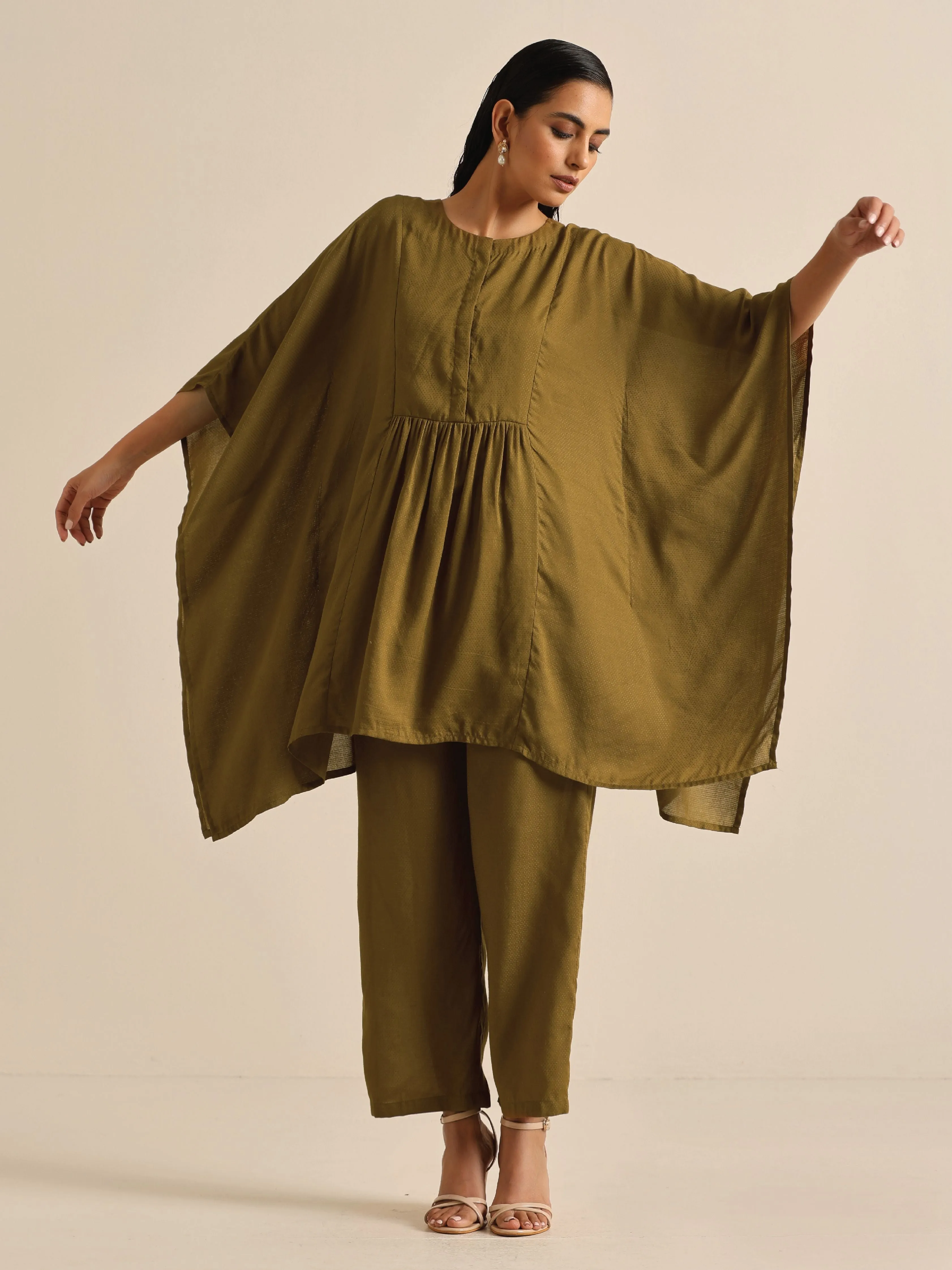 Olive Green Texture Doddy Kaftan Gathered Co-Ord Set