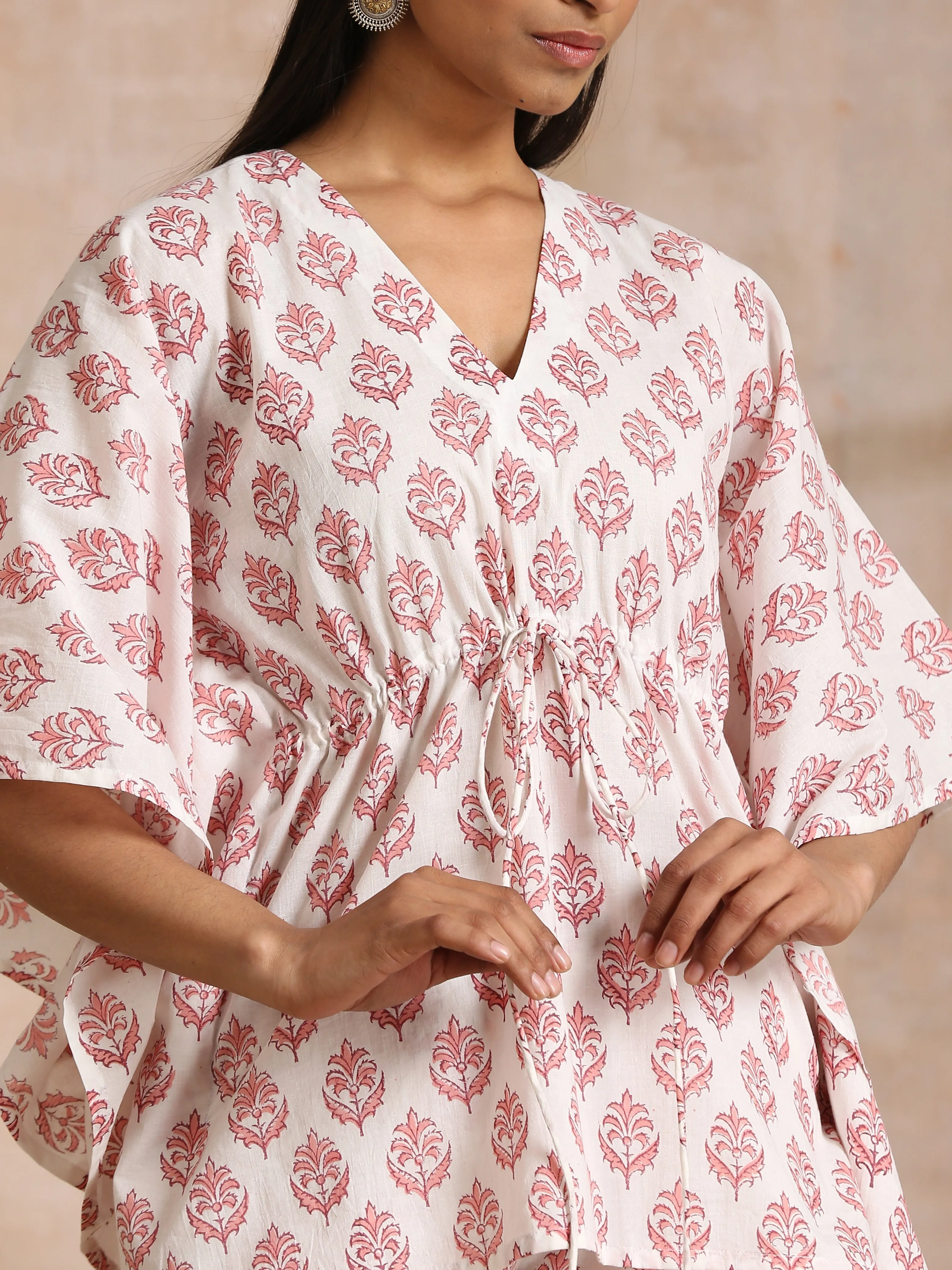 Pink Buta On White Block Print Cotton Kaftan Co-Ord Set