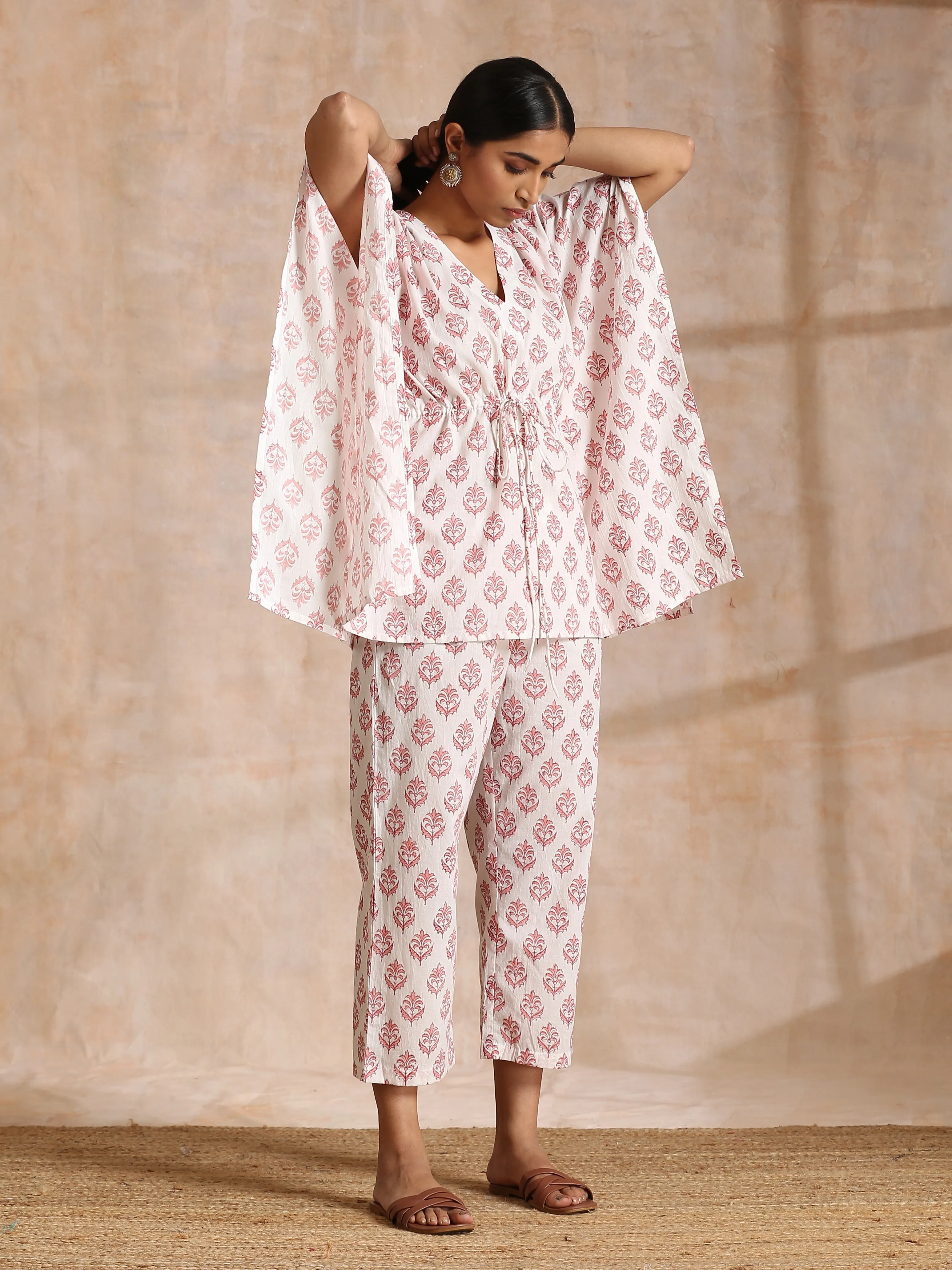 Pink Buta On White Block Print Cotton Kaftan Co-Ord Set