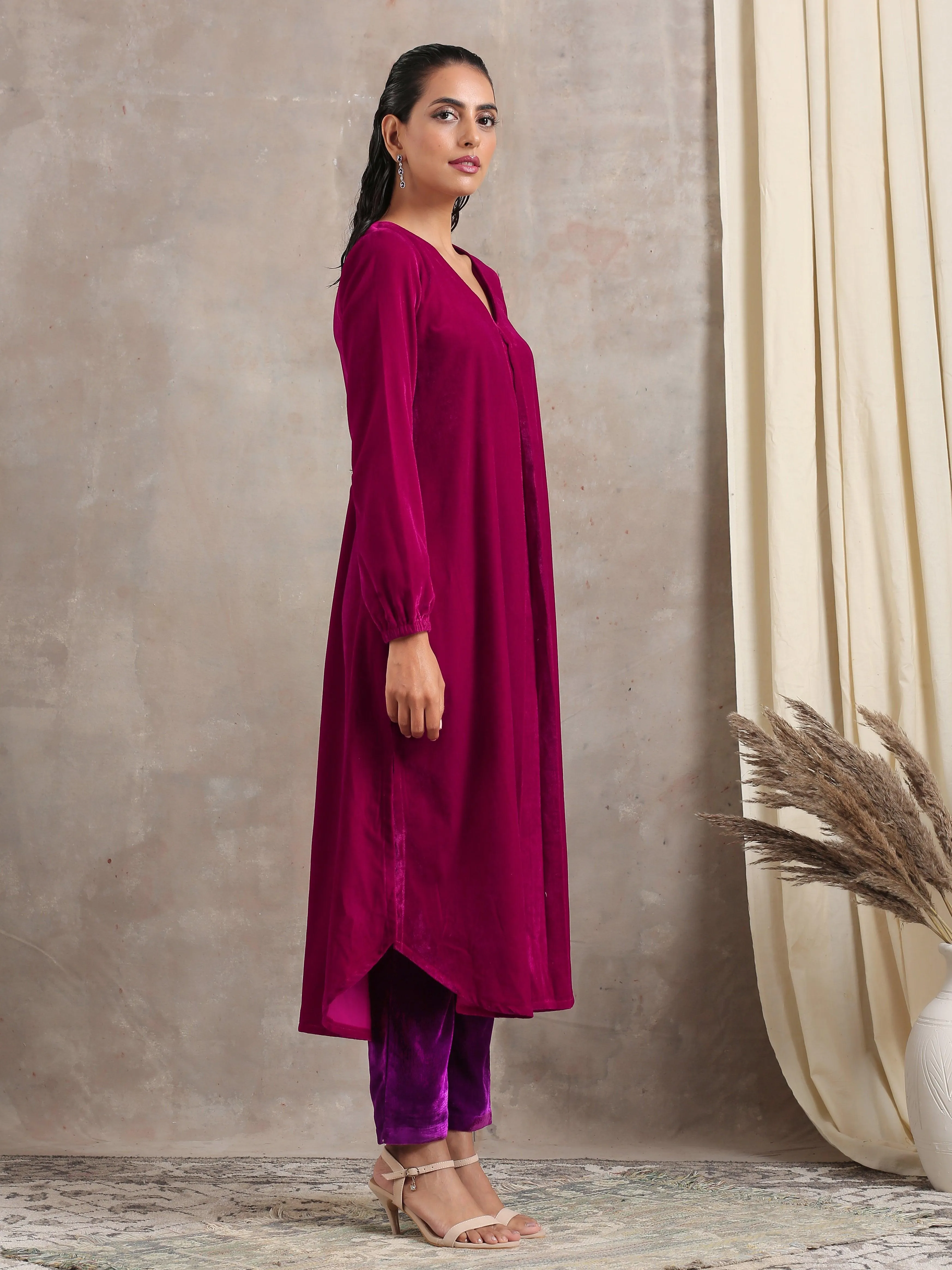 Pink Velvet Pleated Kurta