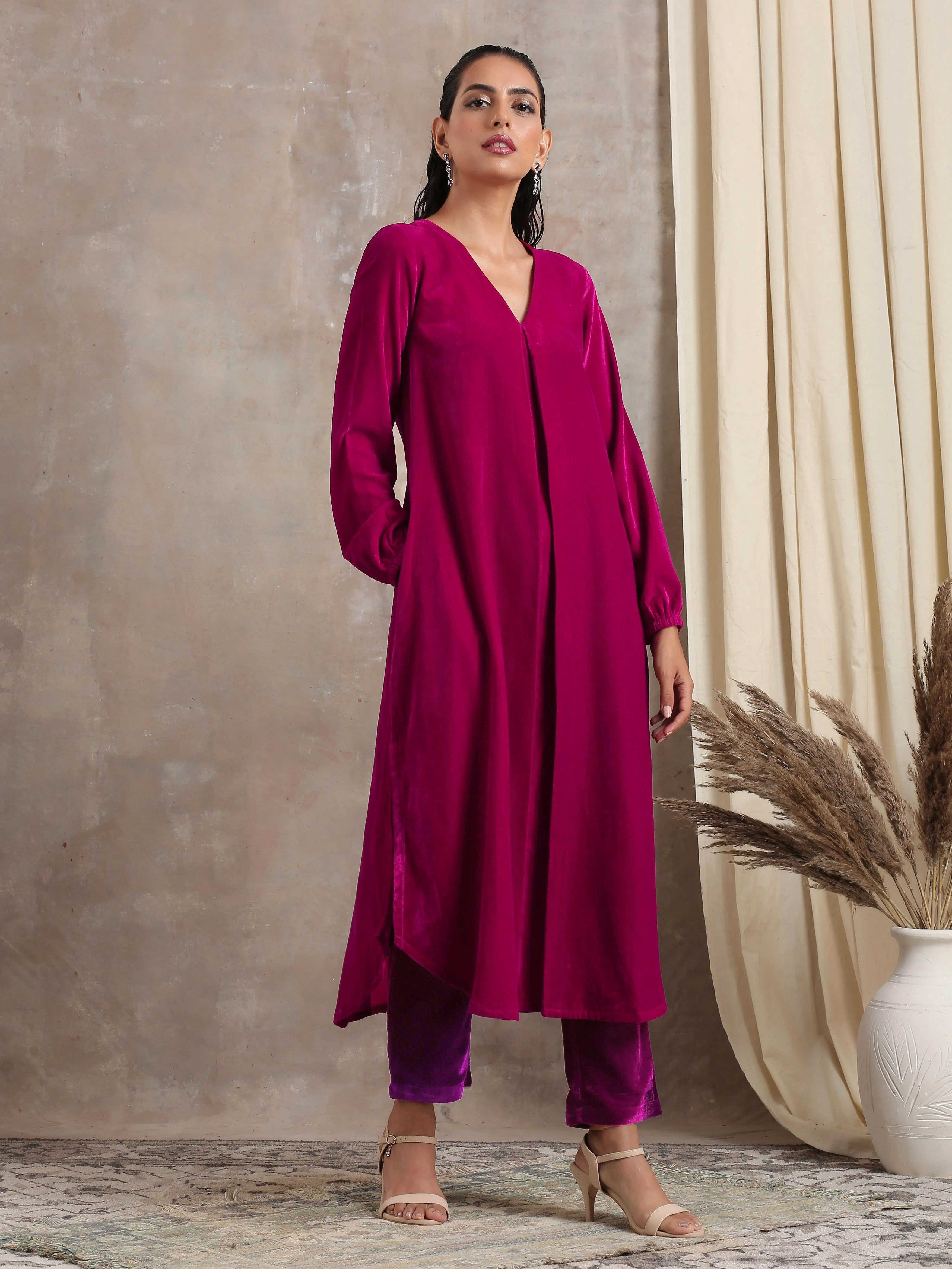 Pink Velvet Pleated Kurta