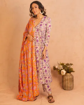 Purple Hand Block Printed Flared Silk Kurta Pant Dupatta Set