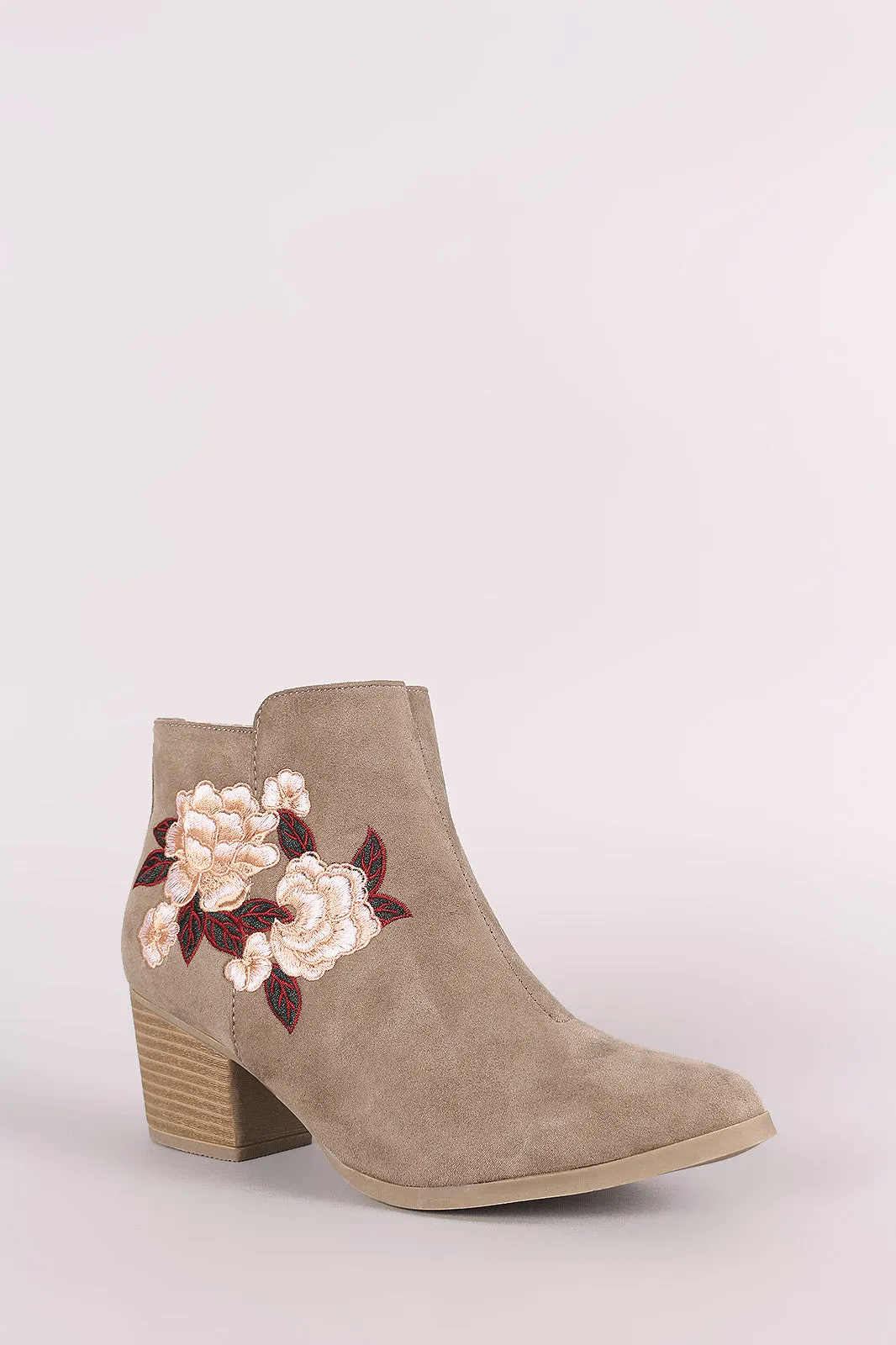 Qupid Suede Embroidery Floral Chunky Heeled Booties