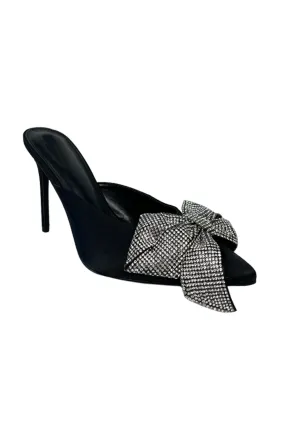 Rhinestone Bow Mules - Black Satin