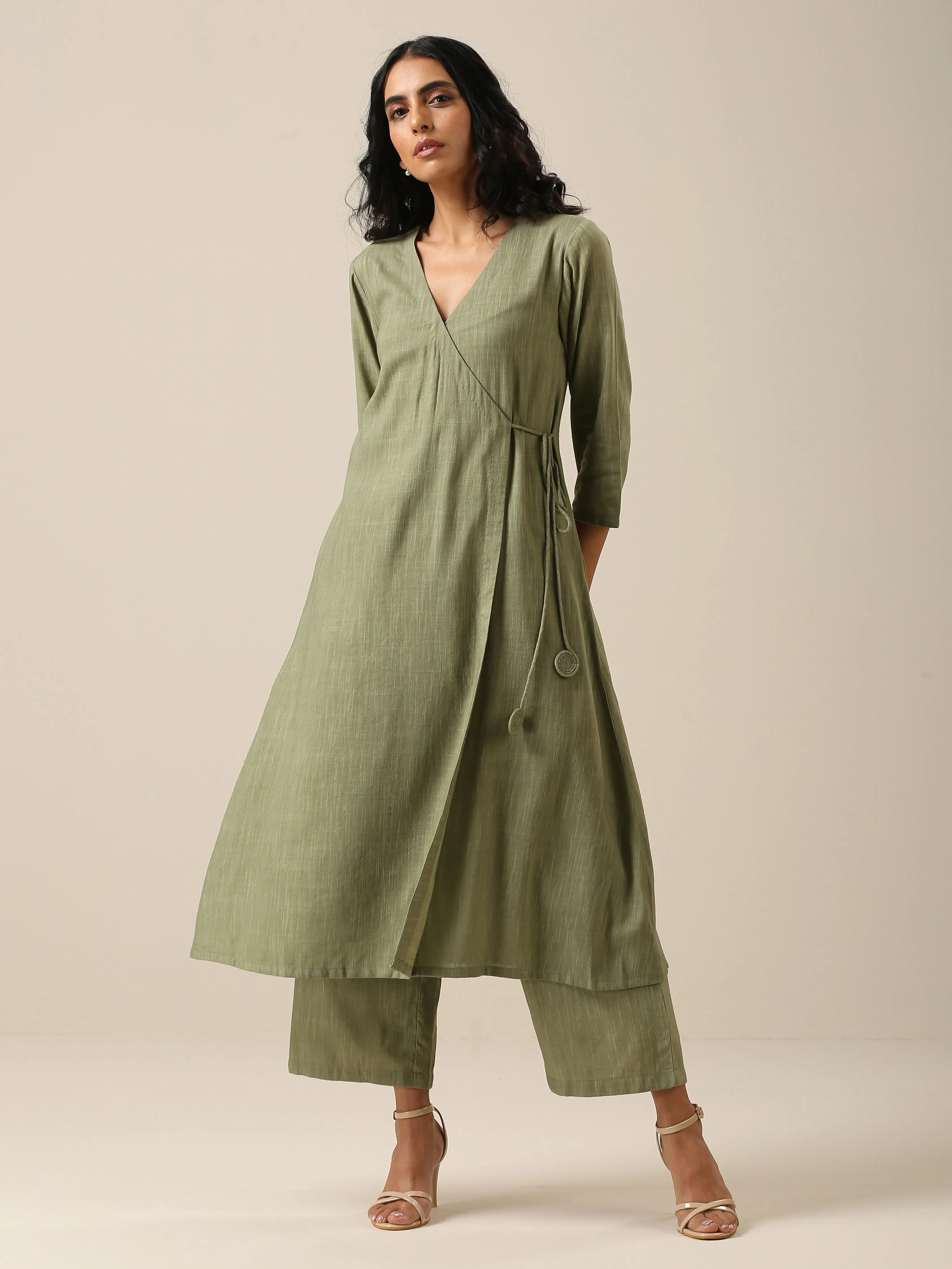 Sage Slub Texture Angrakha Pant Set | Relove