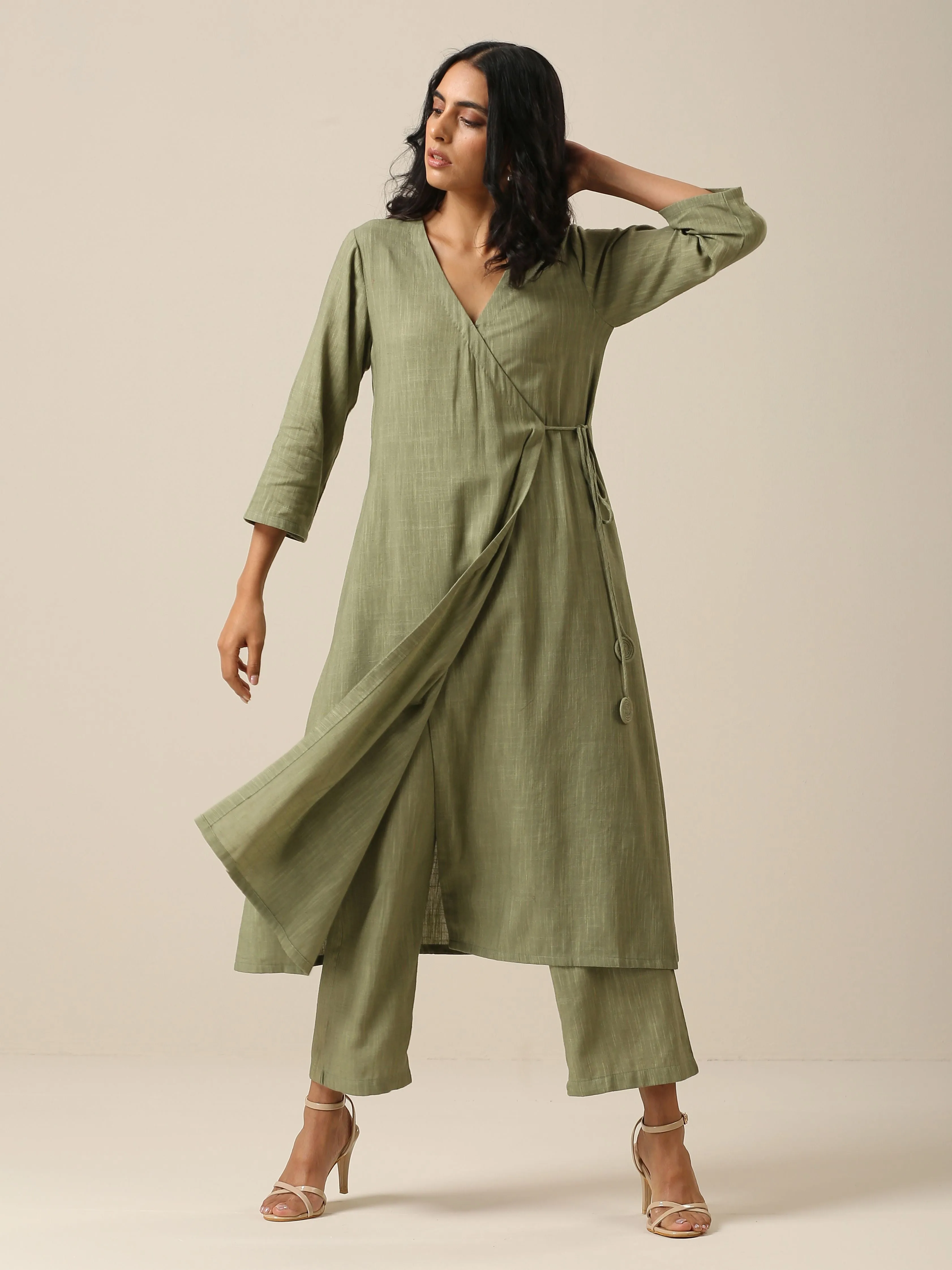 Sage Slub Texture Angrakha Pant Set | Relove