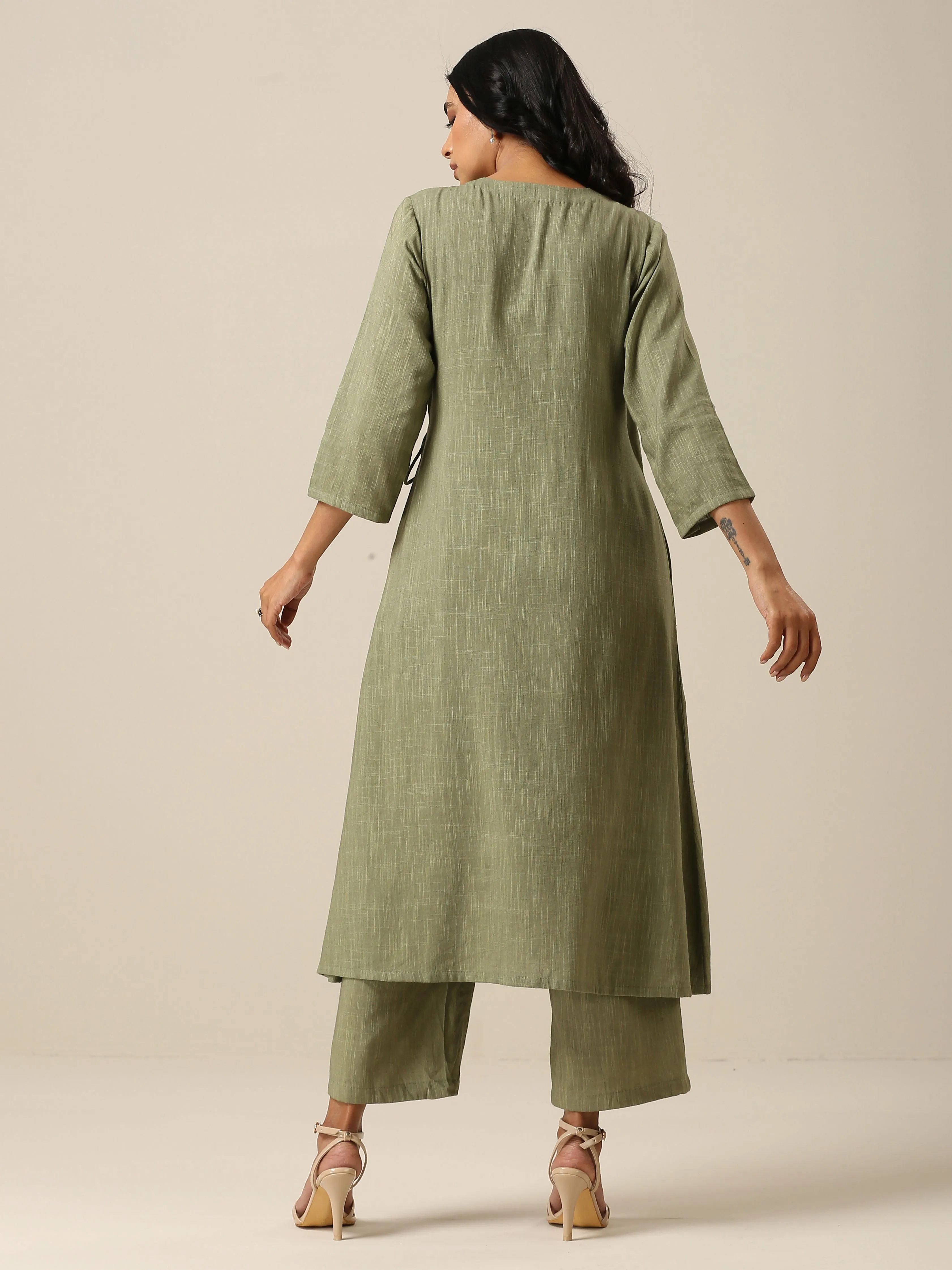 Sage Slub Texture Angrakha Pant Set | Relove