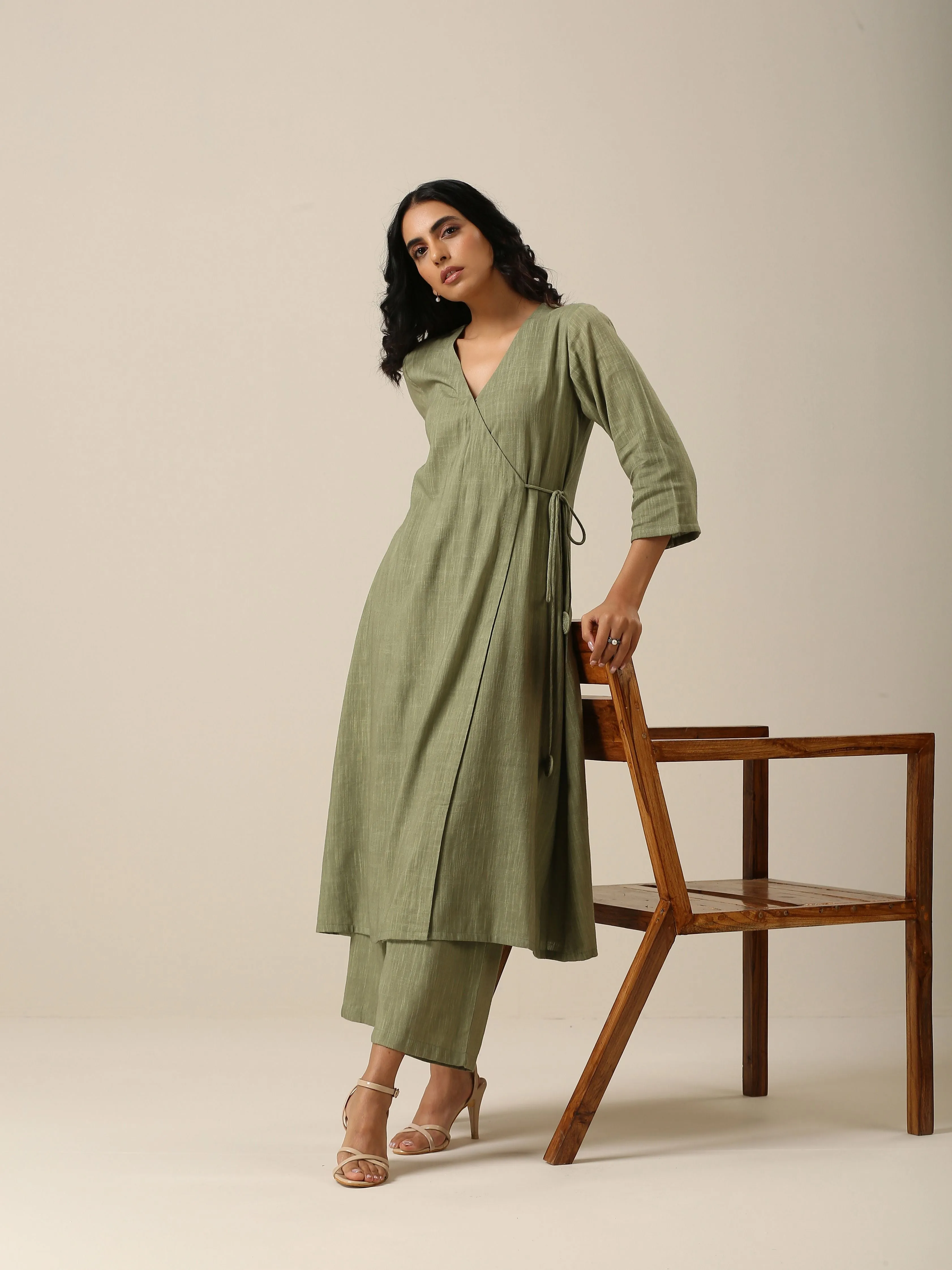 Sage Slub Texture Angrakha Pant Set | Relove