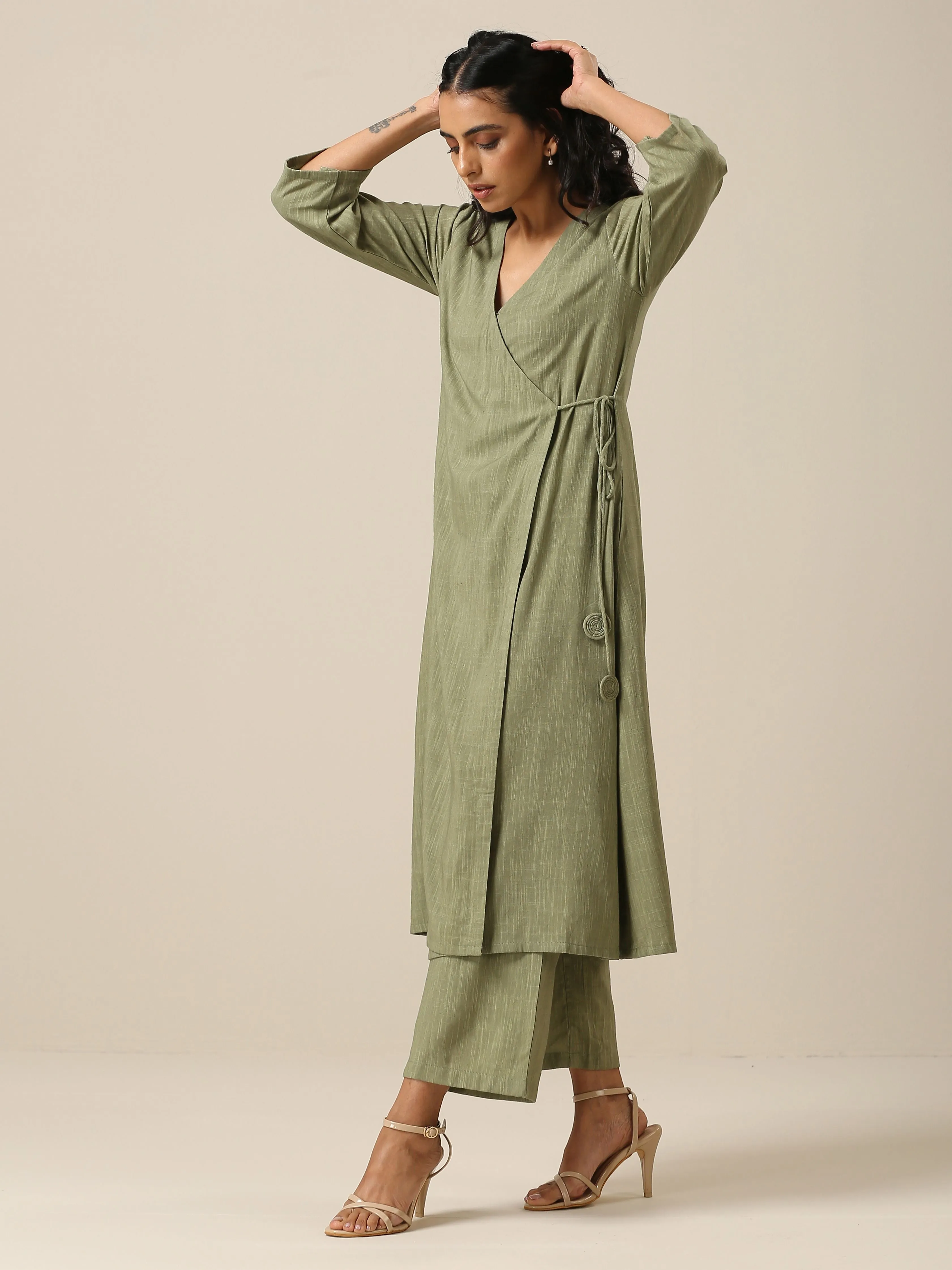 Sage Slub Texture Angrakha Pant Set | Relove