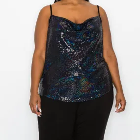 SEQUIN DRAPE NECK CAMI CURVY